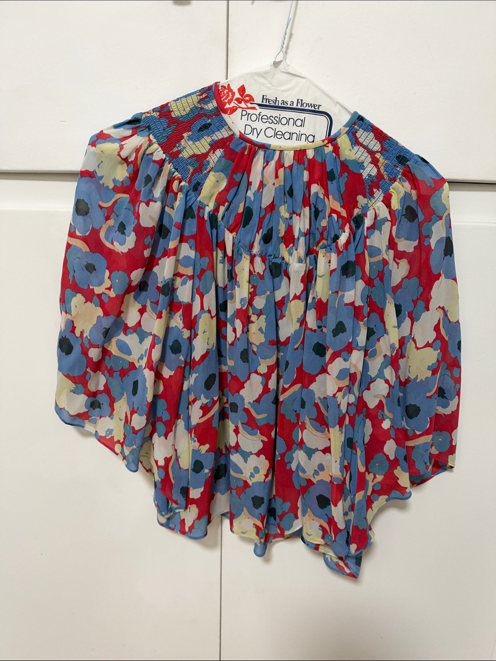 Joie Red Floral Smocked Yoke Blouse with Blue and Cream Flowers